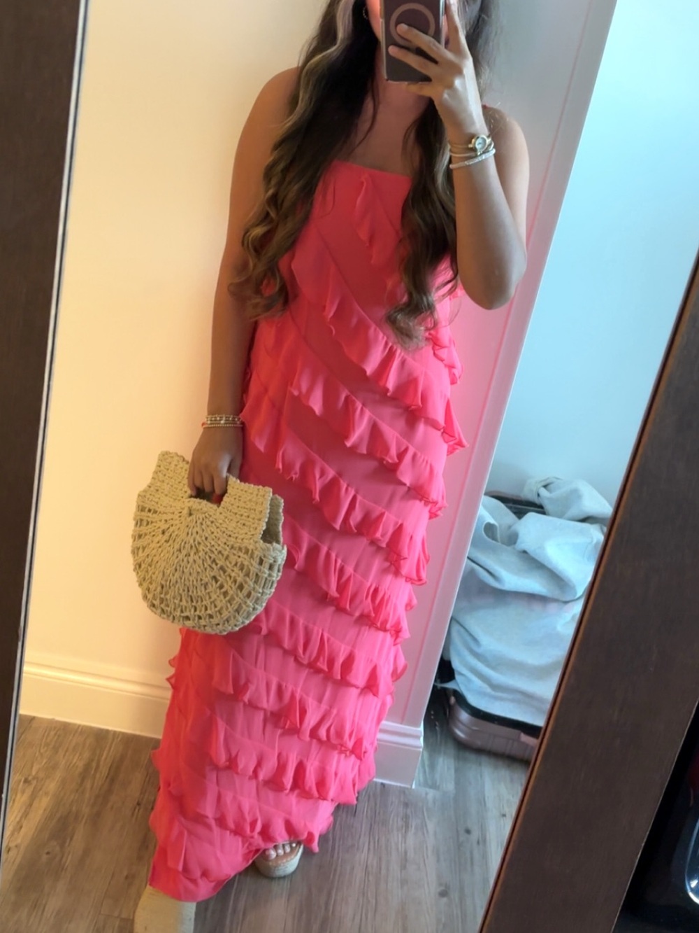 Gianni Bini Coral Pink Ruffled Maxi Slip Dress